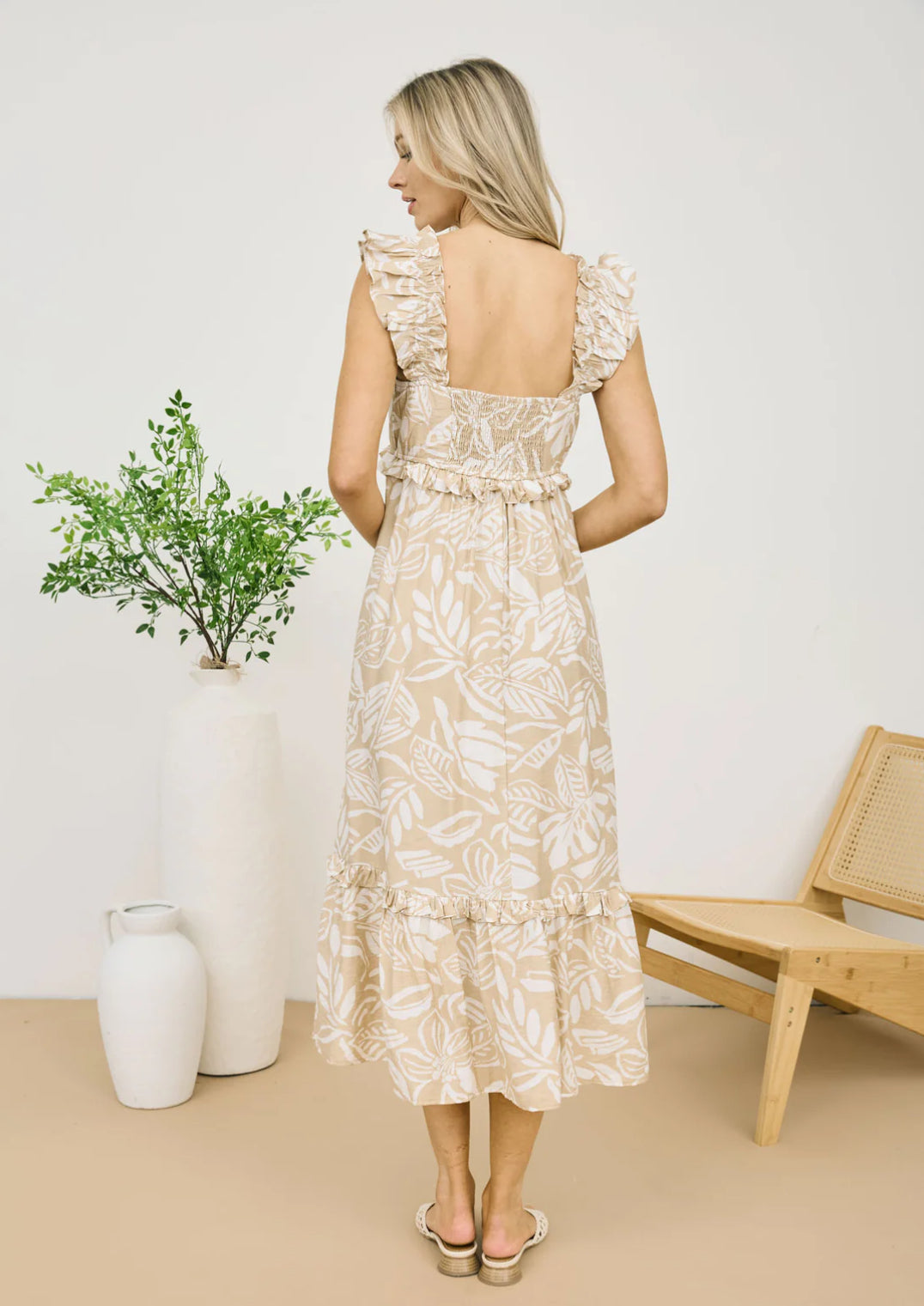 TROPICAL PRINT RUFFLE DETAIL MIDI DRESS-How Cute is That? Boutique