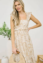 TROPICAL PRINT RUFFLE DETAIL MIDI DRESS-How Cute is That? Boutique
