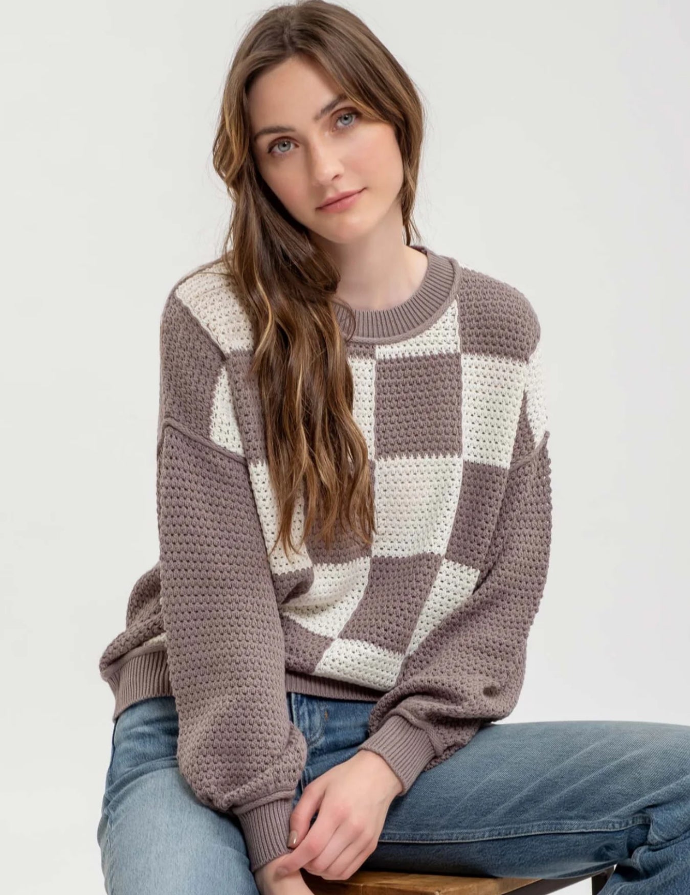 CHECKERED CROCHET KNIT LONG SLEEVE SWEATER