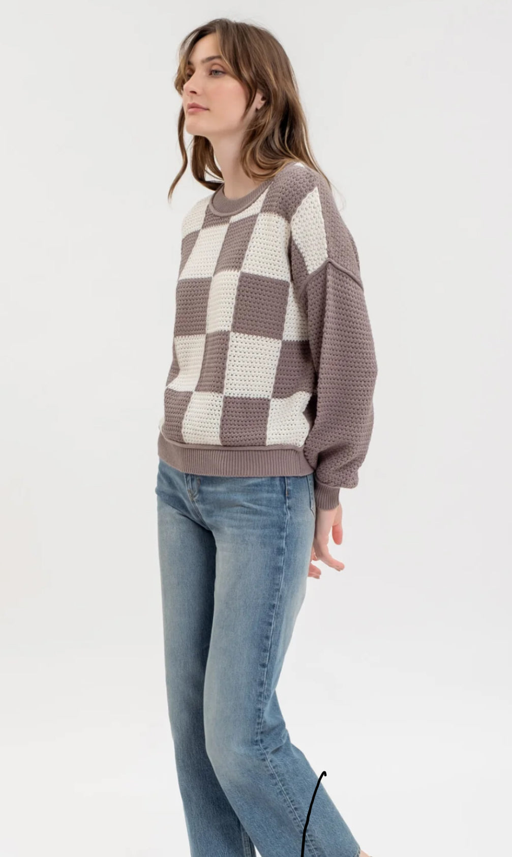 CHECKERED CROCHET KNIT LONG SLEEVE SWEATER