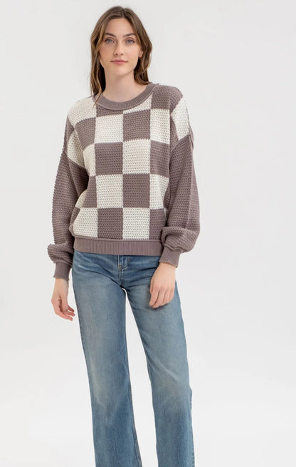 CHECKERED CROCHET KNIT LONG SLEEVE SWEATER