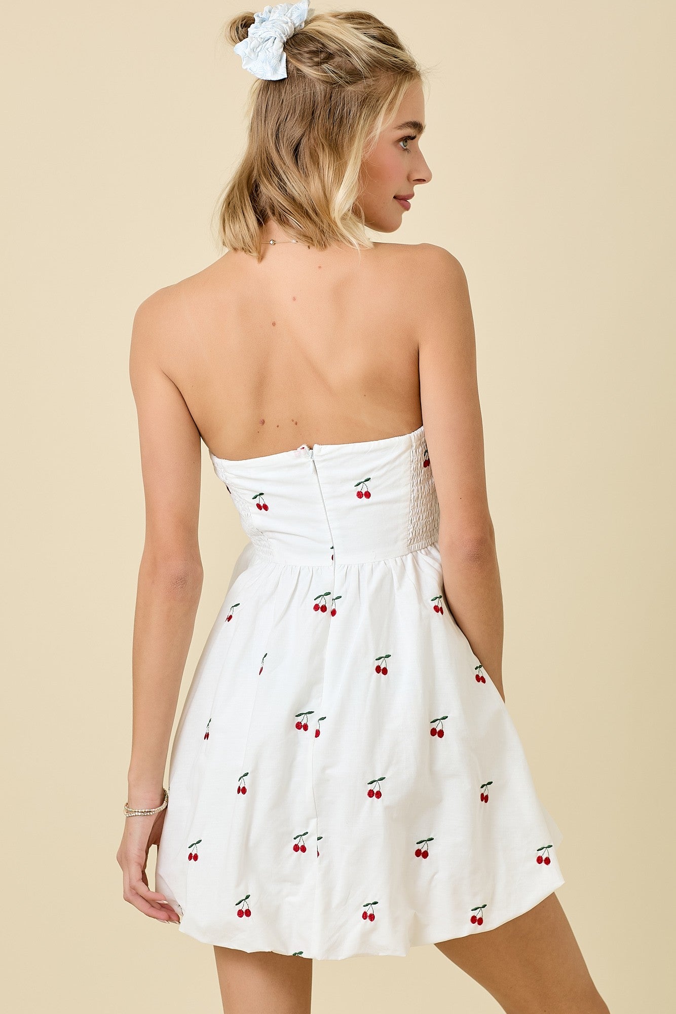 STRAPLESS CHERRY POPLIN MINI DRESS WITH BUBBLE HEM