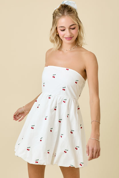 STRAPLESS CHERRY POPLIN MINI DRESS WITH BUBBLE HEM