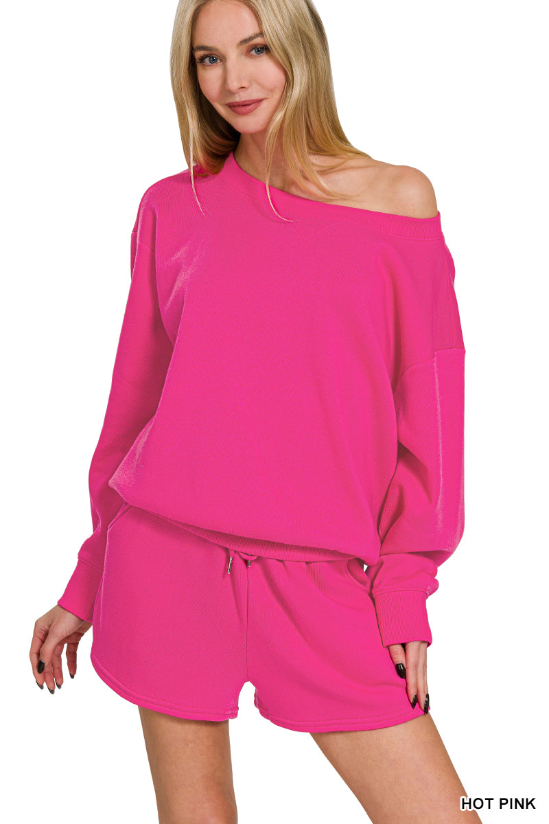 FLEECE BOAT NECK SWEATSHIRTS & SHORTS 2PCS SET-How Cute is That? Boutique