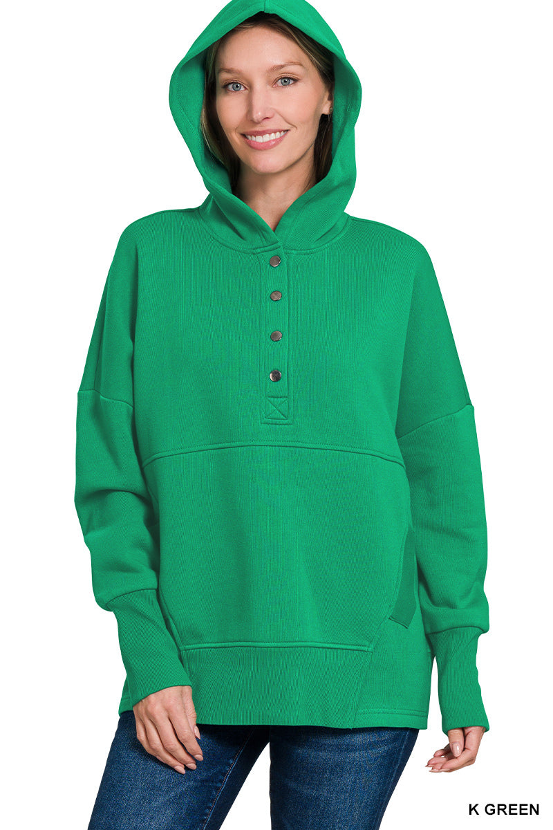 FLEECE HALF SNAP BUTTON HOODED SWEATSHIRTS