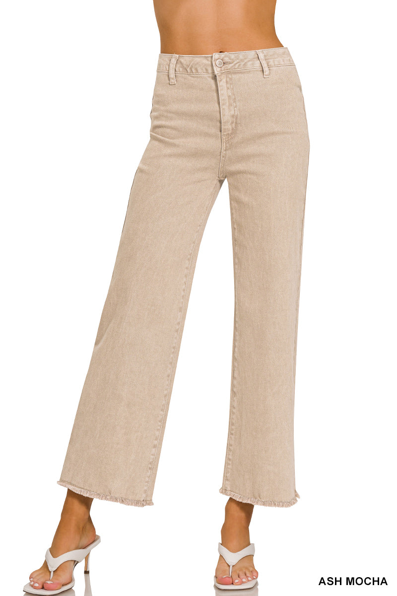 ACID WASHED FRAYED CUTOFF HEM STRAIGHT WIDE PANTS-How Cute is That? Boutique