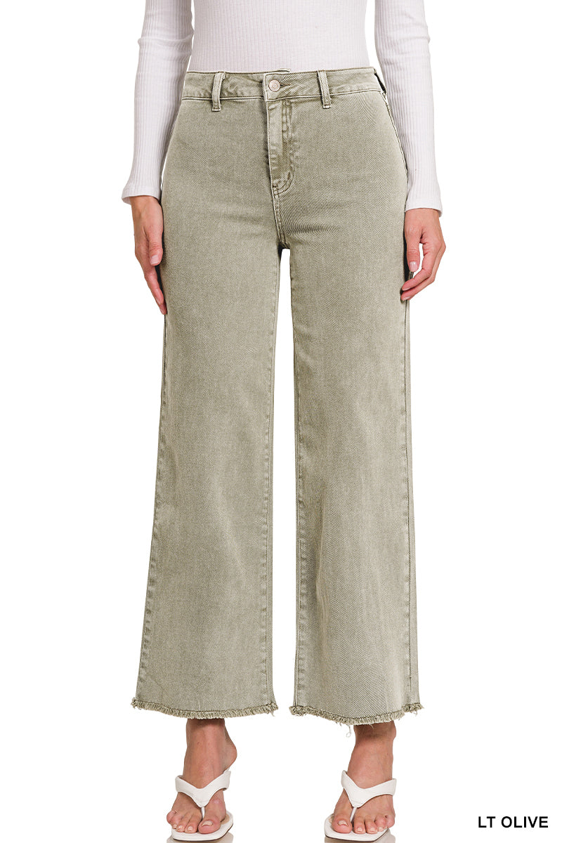 ACID WASHED FRAYED CUTOFF HEM STRAIGHT WIDE PANTS