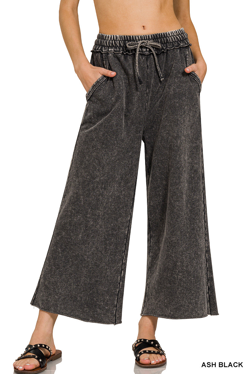 WASHED FRENCH TERRY PALAZZO PANTS in Black