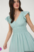 V NECK SHIRRED WAIST RUFFLE SLEEVE MINI DRESS-How Cute is That? Boutique