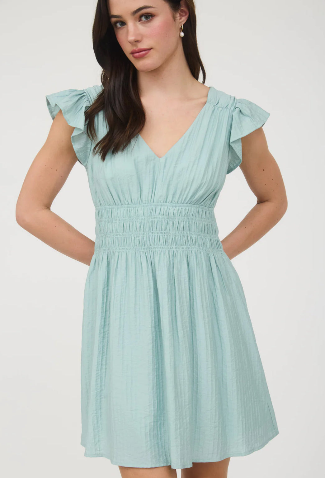 V NECK SHIRRED WAIST RUFFLE SLEEVE MINI DRESS-How Cute is That? Boutique