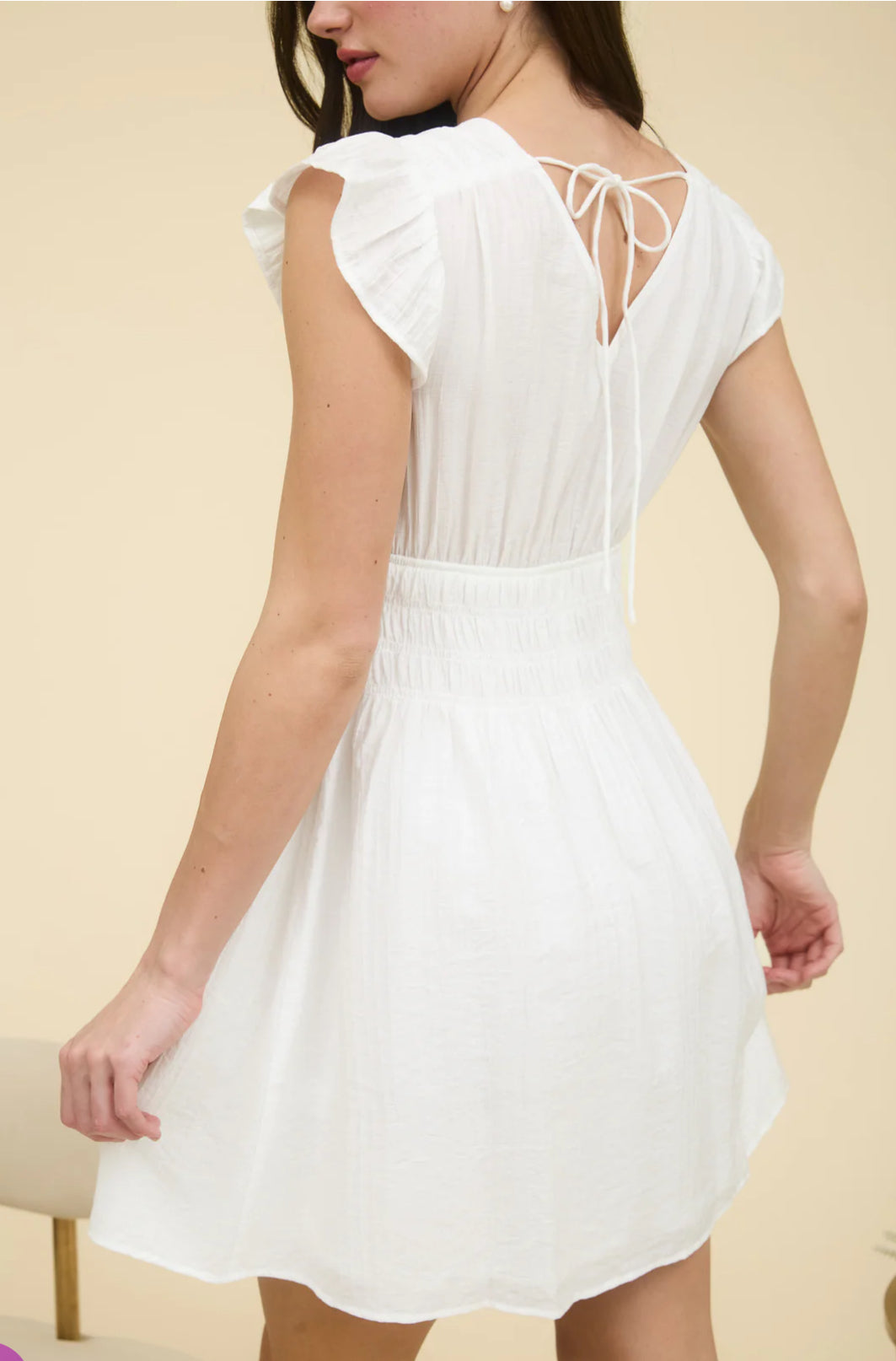 V NECK SHIRRED WAIST RUFFLE SLEEVE MINI DRESS-How Cute is That? Boutique