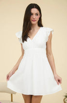 V NECK SHIRRED WAIST RUFFLE SLEEVE MINI DRESS-How Cute is That? Boutique