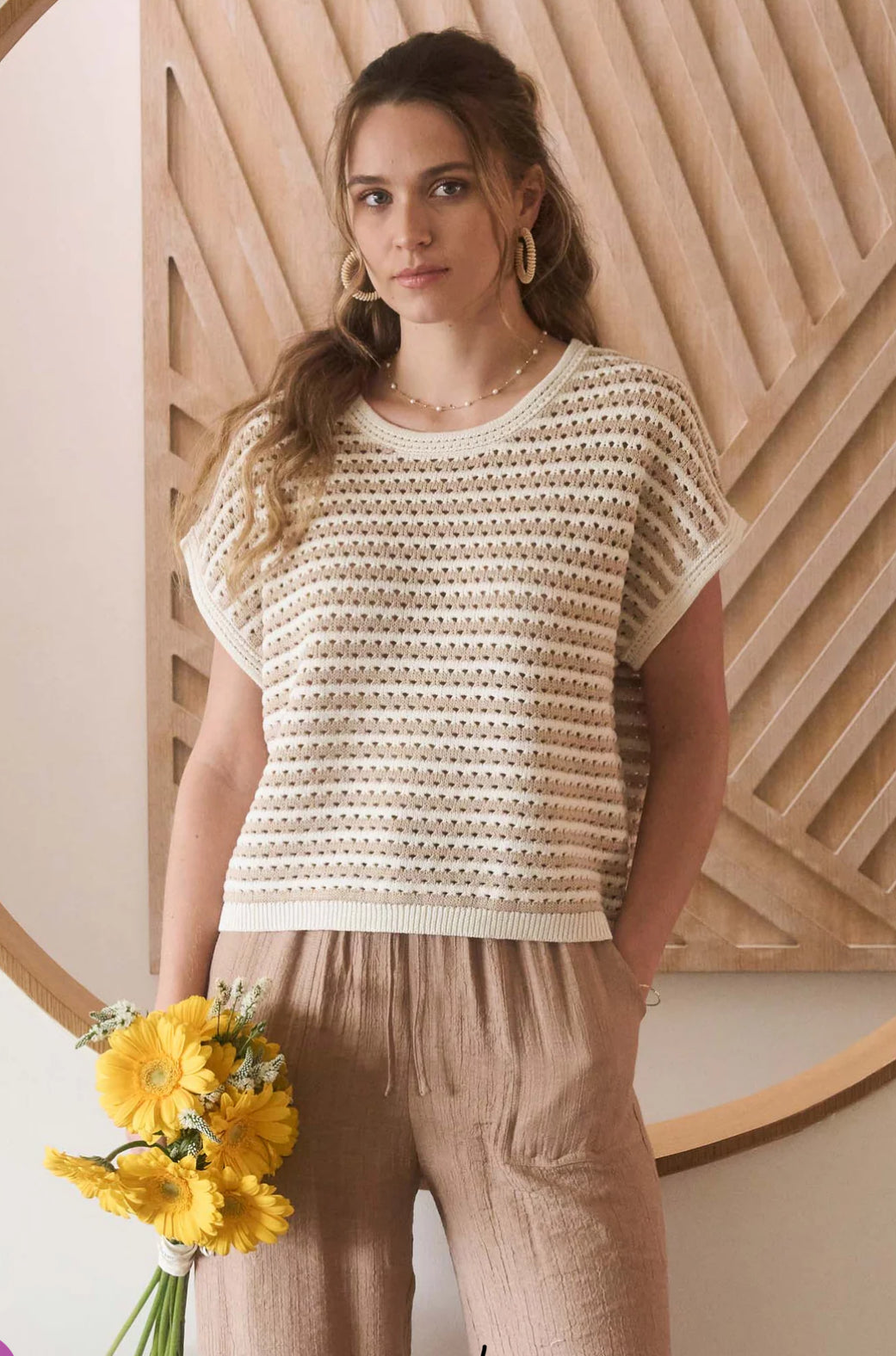 STRIPE CROCHET KNIT BATWING SHORT SLEEVE SWEATER-How Cute is That? Boutique