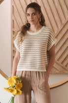 STRIPE CROCHET KNIT BATWING SHORT SLEEVE SWEATER-How Cute is That? Boutique