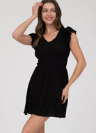 V NECK SHORT SLEEVE RUFFLE DETAIL SHIRRED MINI DRESS-How Cute is That? Boutique