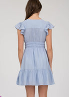 V NECK SHORT SLEEVE RUFFLE DETAIL SHIRRED MINI DRESS-How Cute is That? Boutique