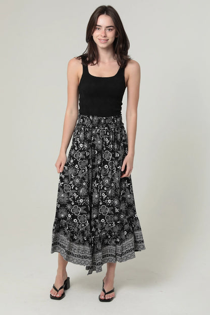 Printed Angled Hem Maxi Skirt with Smocked Waist