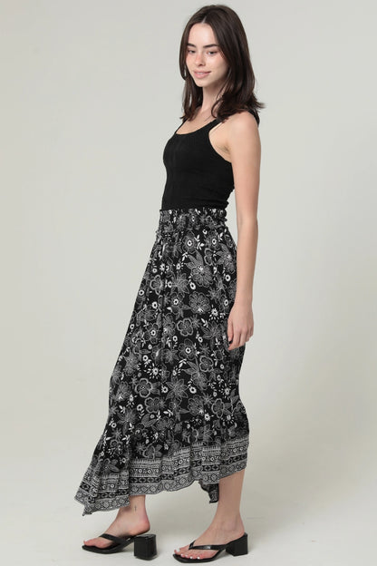 Printed Angled Hem Maxi Skirt with Smocked Waist
