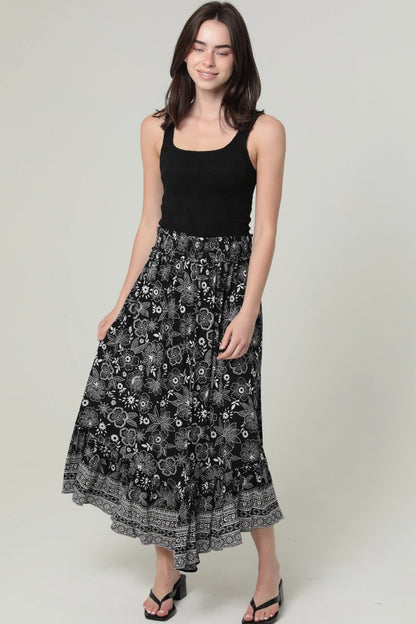 Printed Angled Hem Maxi Skirt with Smocked Waist