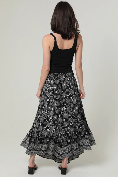 Printed Angled Hem Maxi Skirt with Smocked Waist