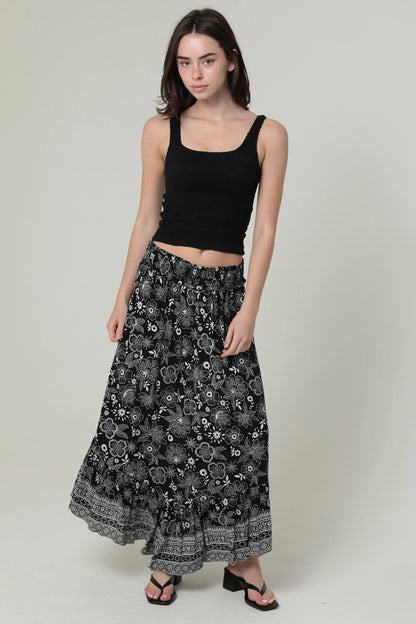 Printed Angled Hem Maxi Skirt with Smocked Waist