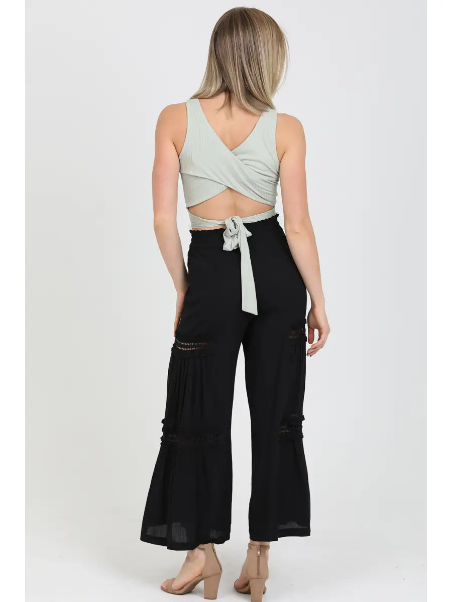 Lace Insets Wide Leg Pants with Drawstring Waist In black-How Cute is That? Boutique