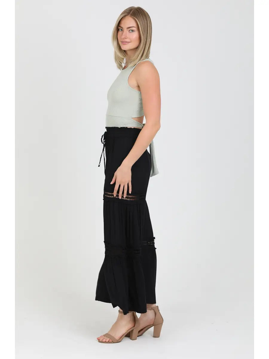 Lace Insets Wide Leg Pants with Drawstring Waist In black-How Cute is That? Boutique
