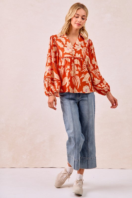 Flower Printed top with scallop trim