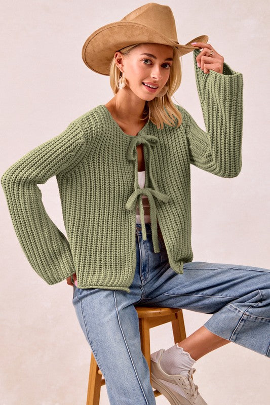 Solid Knit Sweater Top with Bow Tied