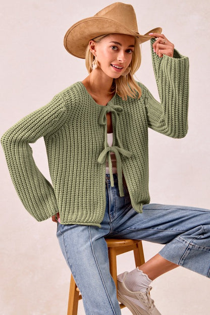 Solid Knit Sweater Top with Bow Tied