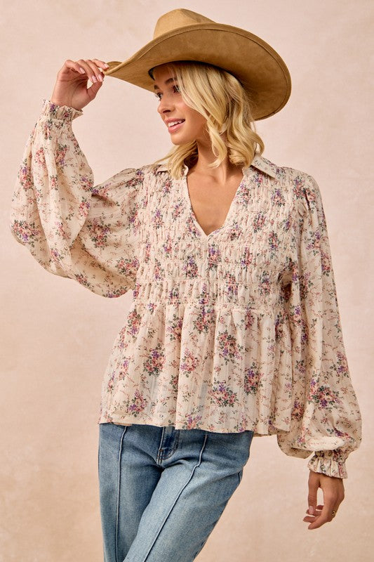 Floral Printed V Neck Top with Smocked Detail