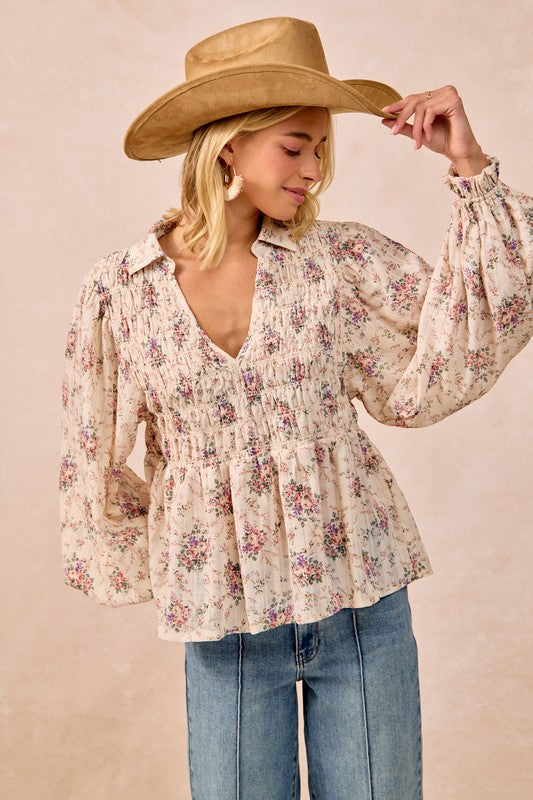 Floral Printed V Neck Top with Smocked Detail