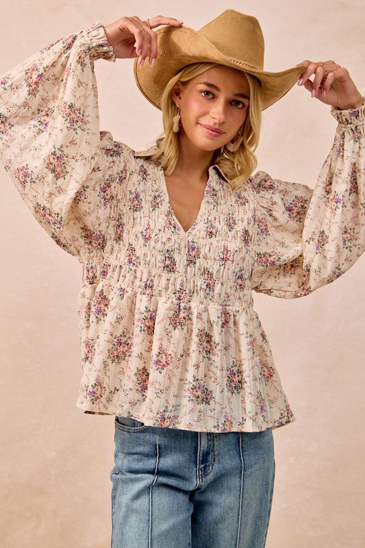 Floral Printed V Neck Top with Smocked Detail