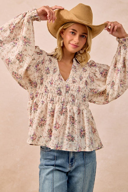 Floral Printed V Neck Top with Smocked Detail