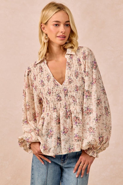 Floral Printed V Neck Top with Smocked Detail