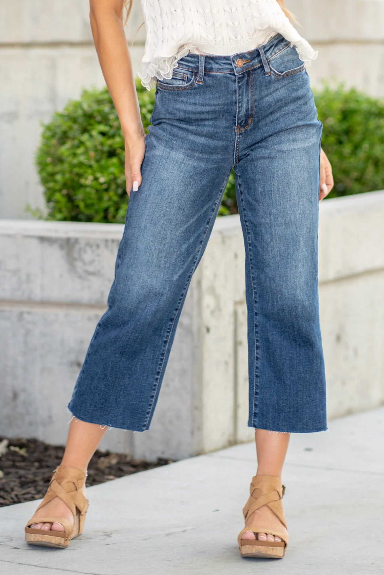 Judy Blue Highwaist Back Pocket Embroidery Crop Wide-How Cute is That? Boutique