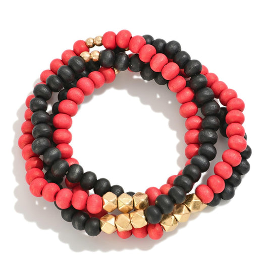 Black and Red Wood Beaded Stretch Bracelets