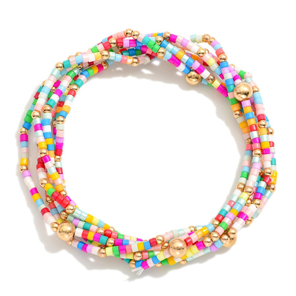 Set of Six Game Day Beaded Stretch Bracelets With Gold Tone Bead Accents