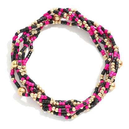 Set of Six Game Day Beaded Stretch Bracelets With Gold Tone Bead Accents