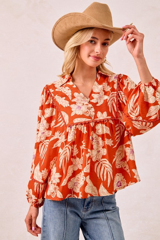 Flower Printed top with scallop trim