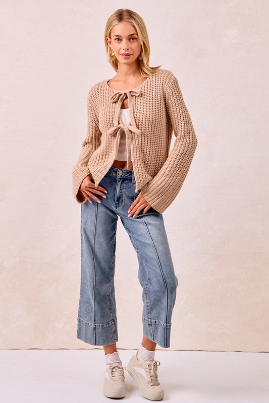 Solid Knit Sweater Top with Bow Tied