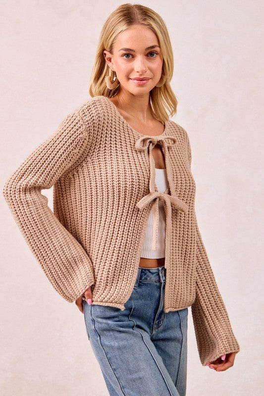 Solid Knit Sweater Top with Bow Tied