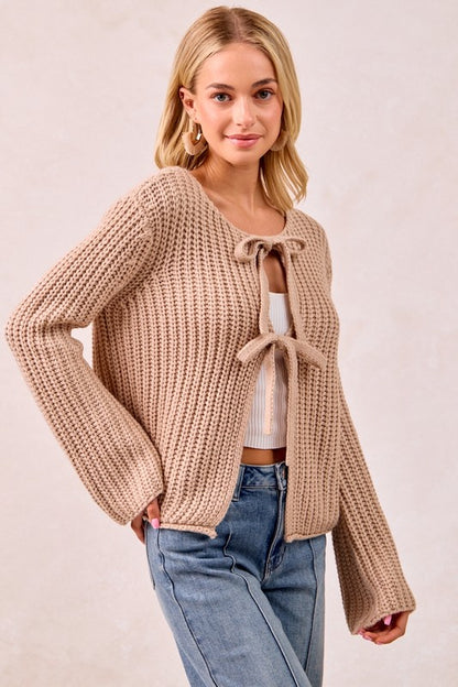 Solid Knit Sweater Top with Bow Tied