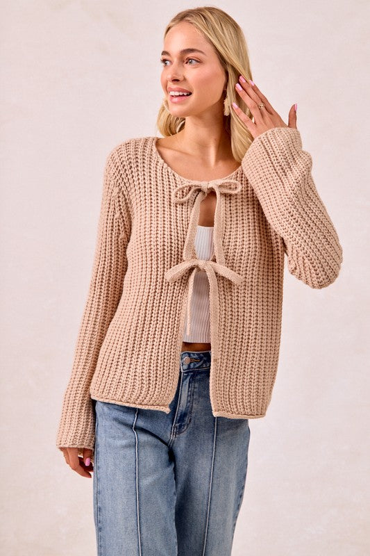 Solid Knit Sweater Top with Bow Tied