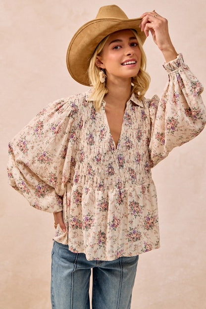 Floral Printed V Neck Top with Smocked Detail