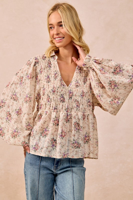 Floral Printed V Neck Top with Smocked Detail