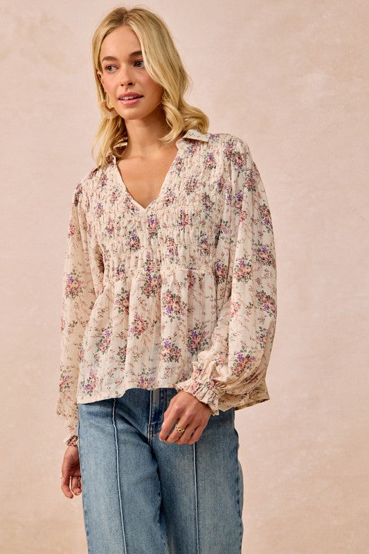 Floral Printed V Neck Top with Smocked Detail