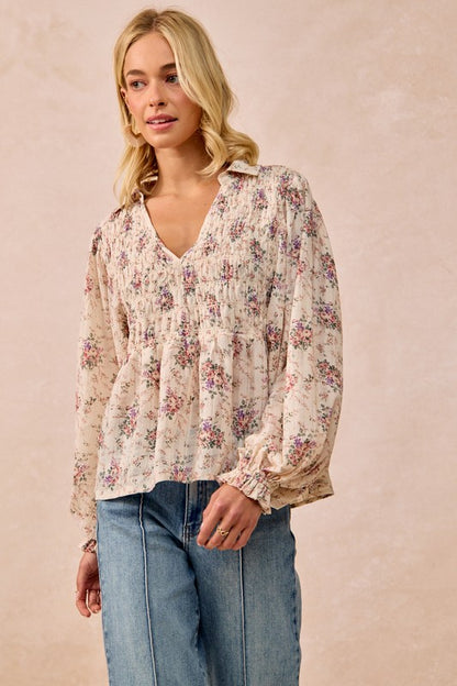 Floral Printed V Neck Top with Smocked Detail