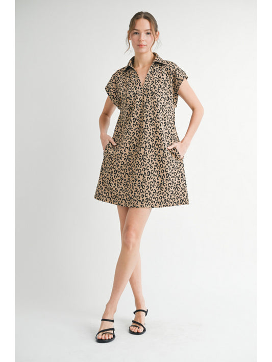 Leopard dress with open collared neck