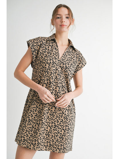 Leopard dress with open collared neck
